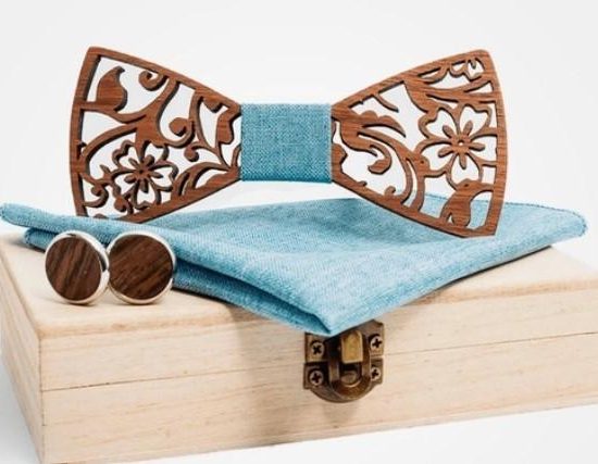 Coffret Noeud Papillon Bois - Caraganier Bleu